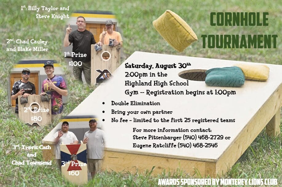 Cornhole competition taking place August 30th at 2pm.