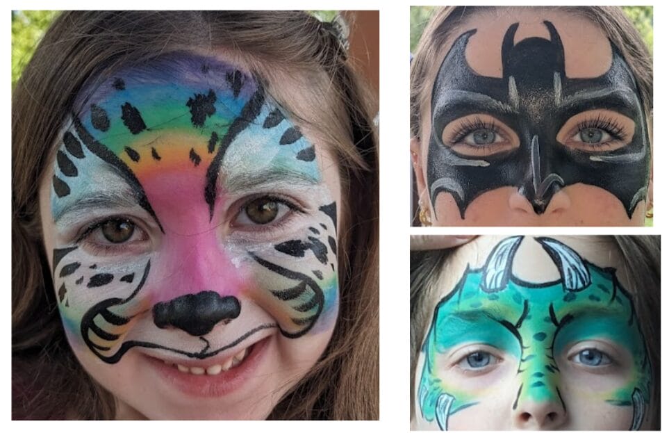 Kimberly's Kreations Face Painting examples showing a colorful animal face, a bat and a dinosaur.